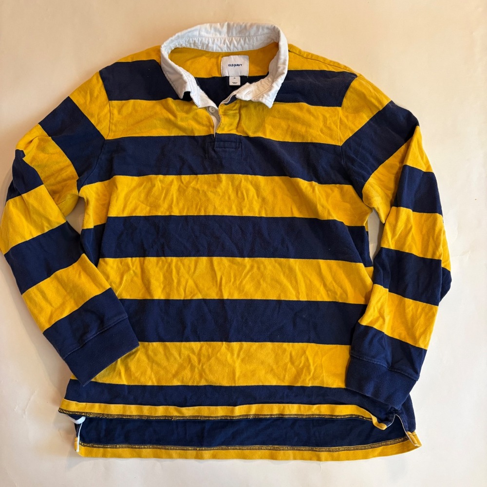 Old Navy Mens XL Rugby Shirt Long Sleeve Yellow Navy Blue Striped Cotton Polo